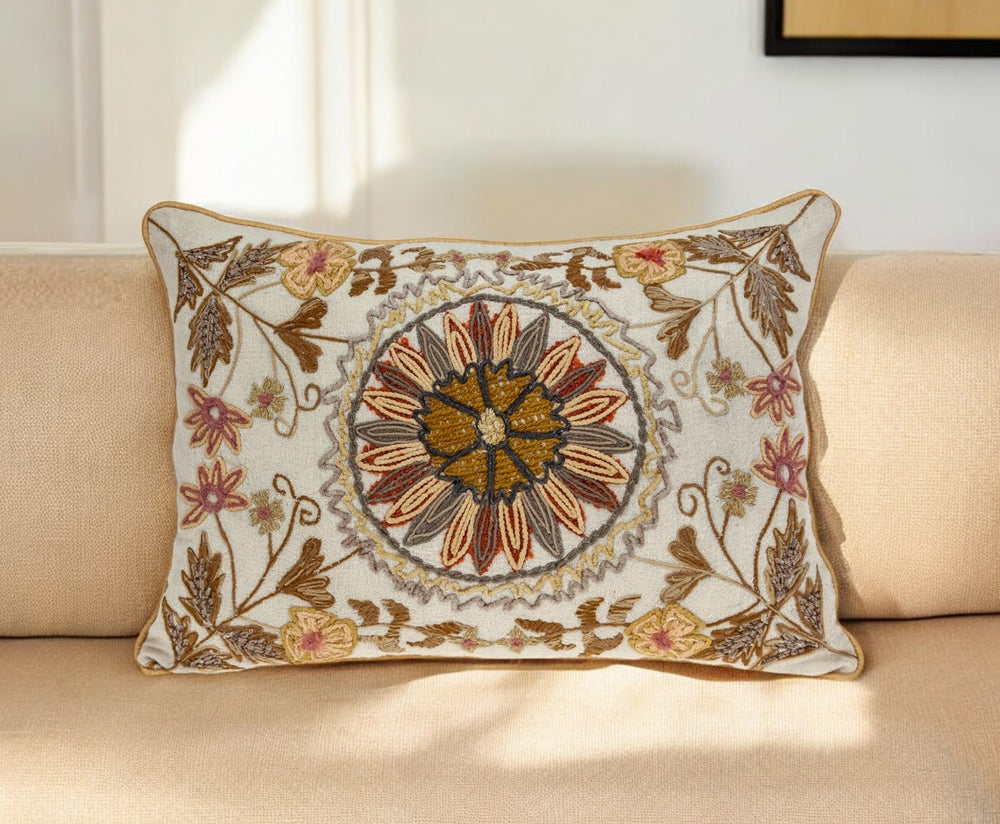 14" X 20" Beige Cotton Throw Pillow With Embroidery - Homeroots - Flyclothing LLC