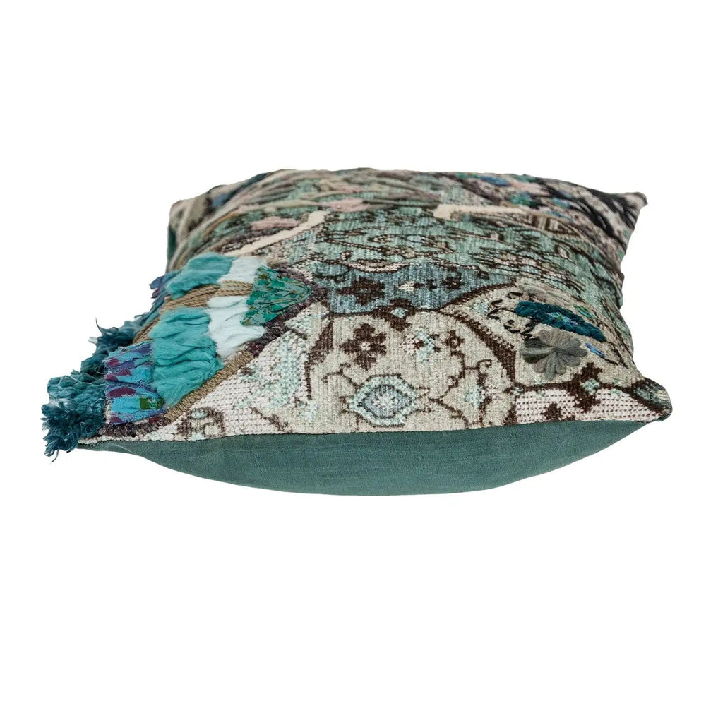 14" X 20" Beige and Green Cotton Throw Pillow With Fringe - Homeroots - Flyclothing LLC