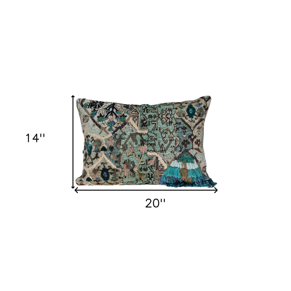 14" X 20" Beige and Green Cotton Throw Pillow With Fringe - Homeroots - Flyclothing LLC