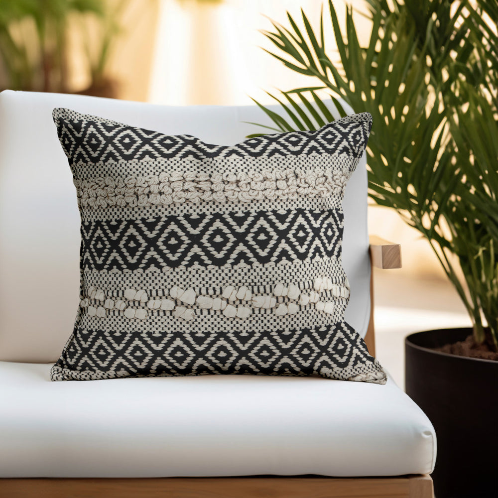 18" Beige and Black Cotton Throw Pillow With Embroidery - Homeroots - Flyclothing LLC