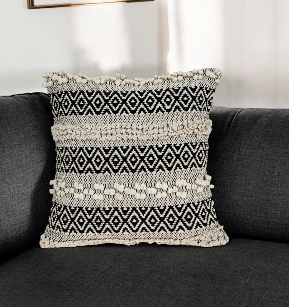 18" Beige and Black Cotton Throw Pillow With Embroidery - Homeroots - Flyclothing LLC