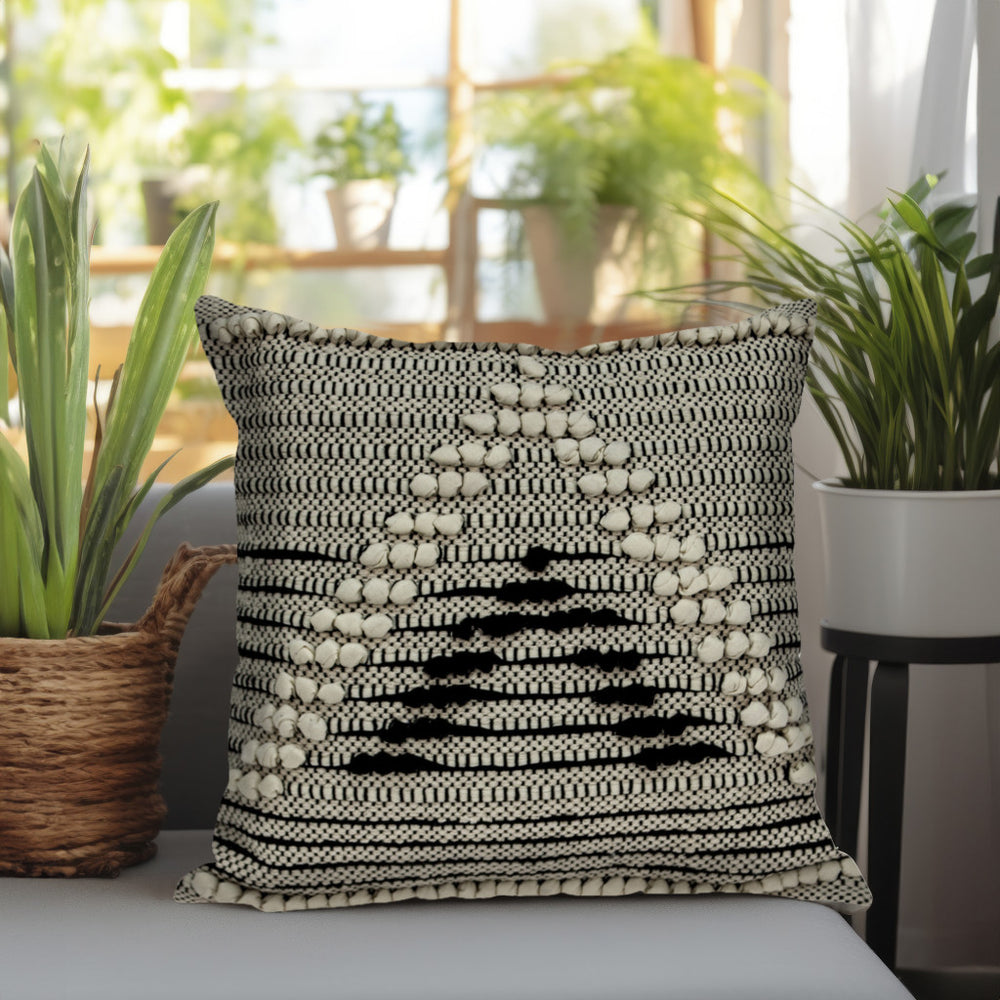 18" Beige and Black Cotton Throw Pillow With Embroidery - Homeroots - Flyclothing LLC