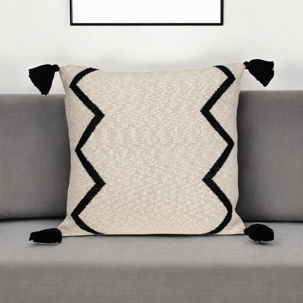 20" x 20" Black and Cream Zigzag Pattern Square Accent Throw Pillow with Tassel - Homeroots - Flyclothing LLC