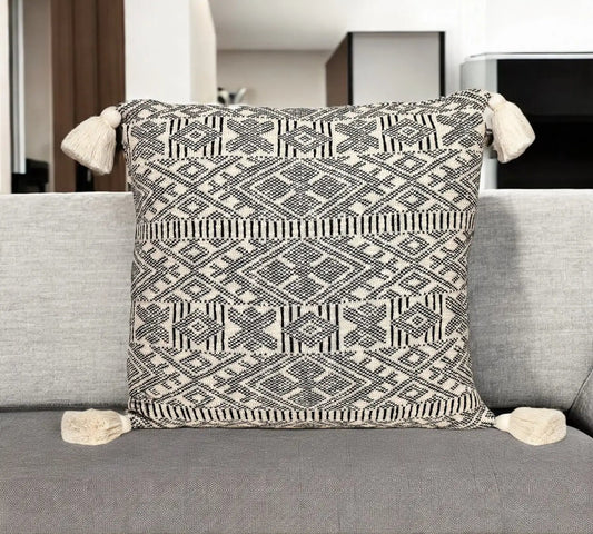 20" x 20" Black and Cream Bohemian Pattern Square Accent Throw Pillow with Tassel - Homeroots