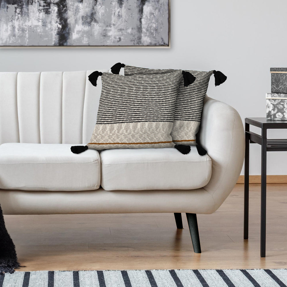 20" x 20" Beige Stripe Pattern Square Accent Throw Pillow with Tassel - Homeroots - Flyclothing LLC