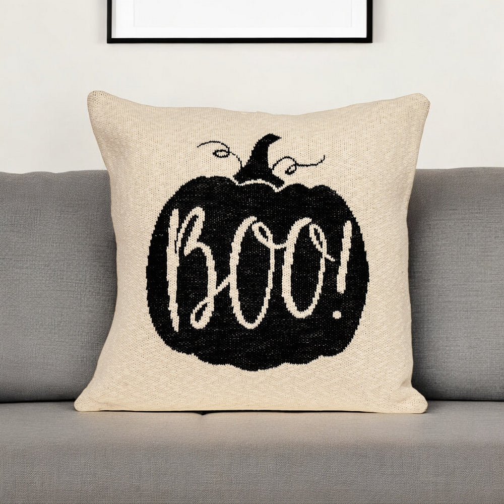 20" x 20" Cream Black Pumpkin Boo Square Accent Throw Pillow - Homeroots - Flyclothing LLC