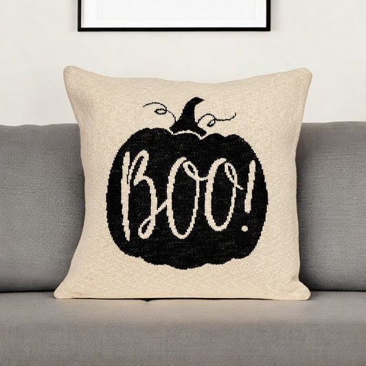 20" x 20" Cream Black Pumpkin Boo Square Accent Throw Pillow - Homeroots