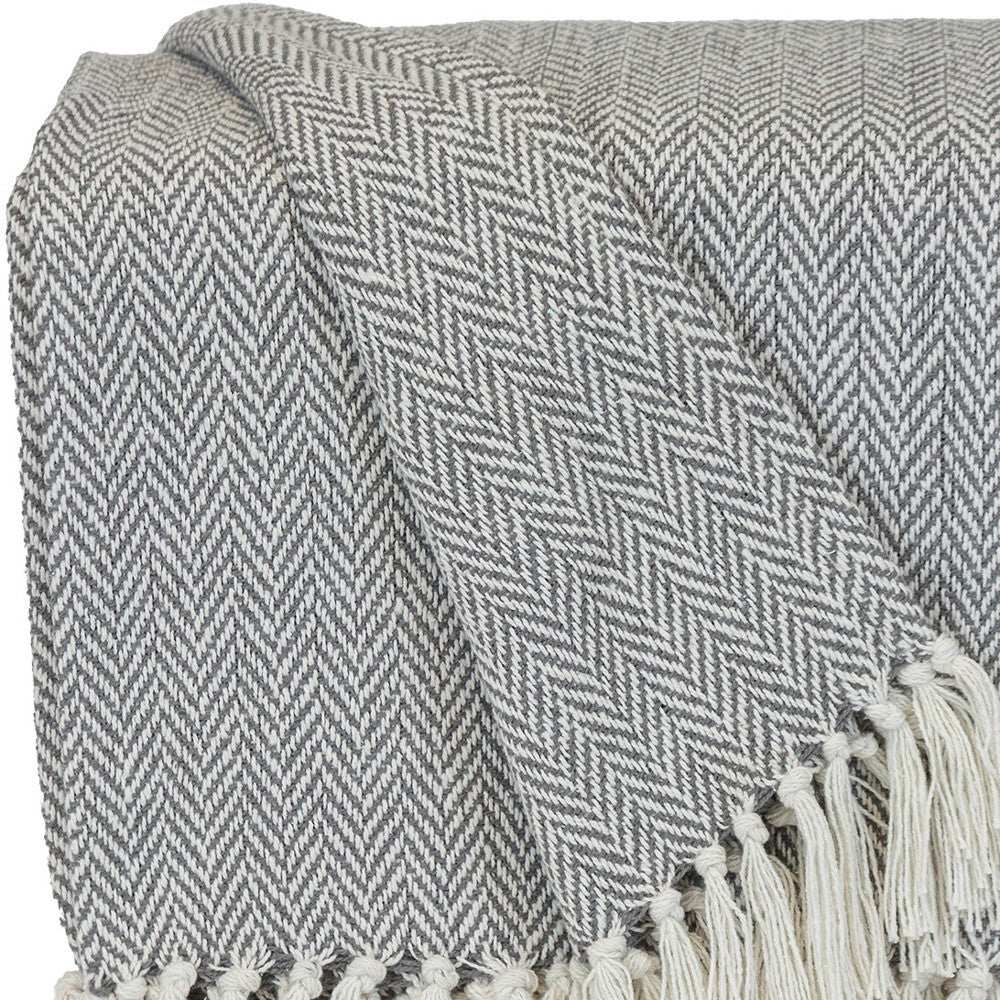 Handloomed Light Gray Cotton Throw Blanket with Tassels - Homeroots - Flyclothing LLC
