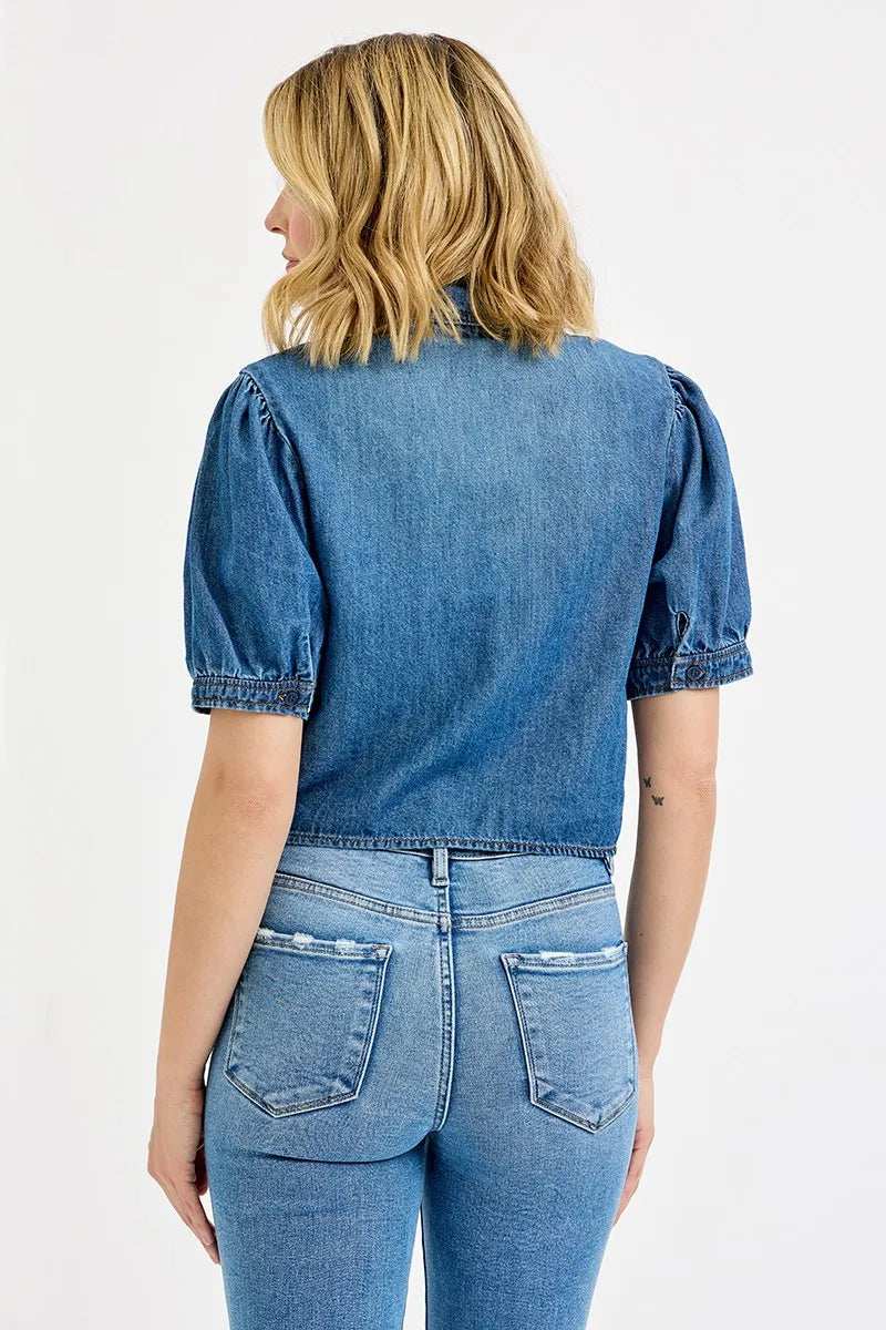 RISEN Button Down Puff Sleeve Crop Denim Shirt - Trendsi - Flyclothing LLC
