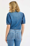 RISEN Button Down Puff Sleeve Crop Denim Shirt - Trendsi - Flyclothing LLC