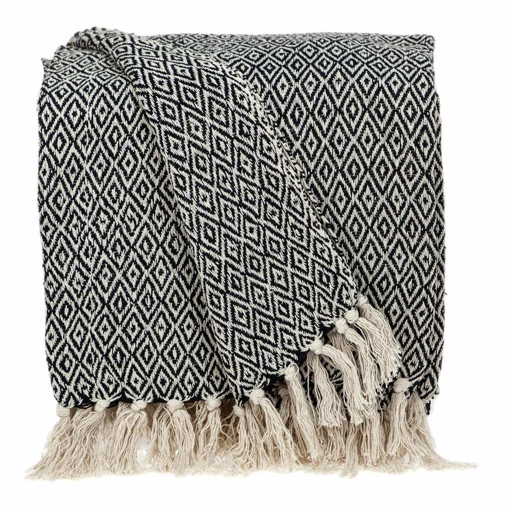 Boho Black and Beige Woven Diamond Pattern Throw with Tassels - Homeroots - Flyclothing LLC