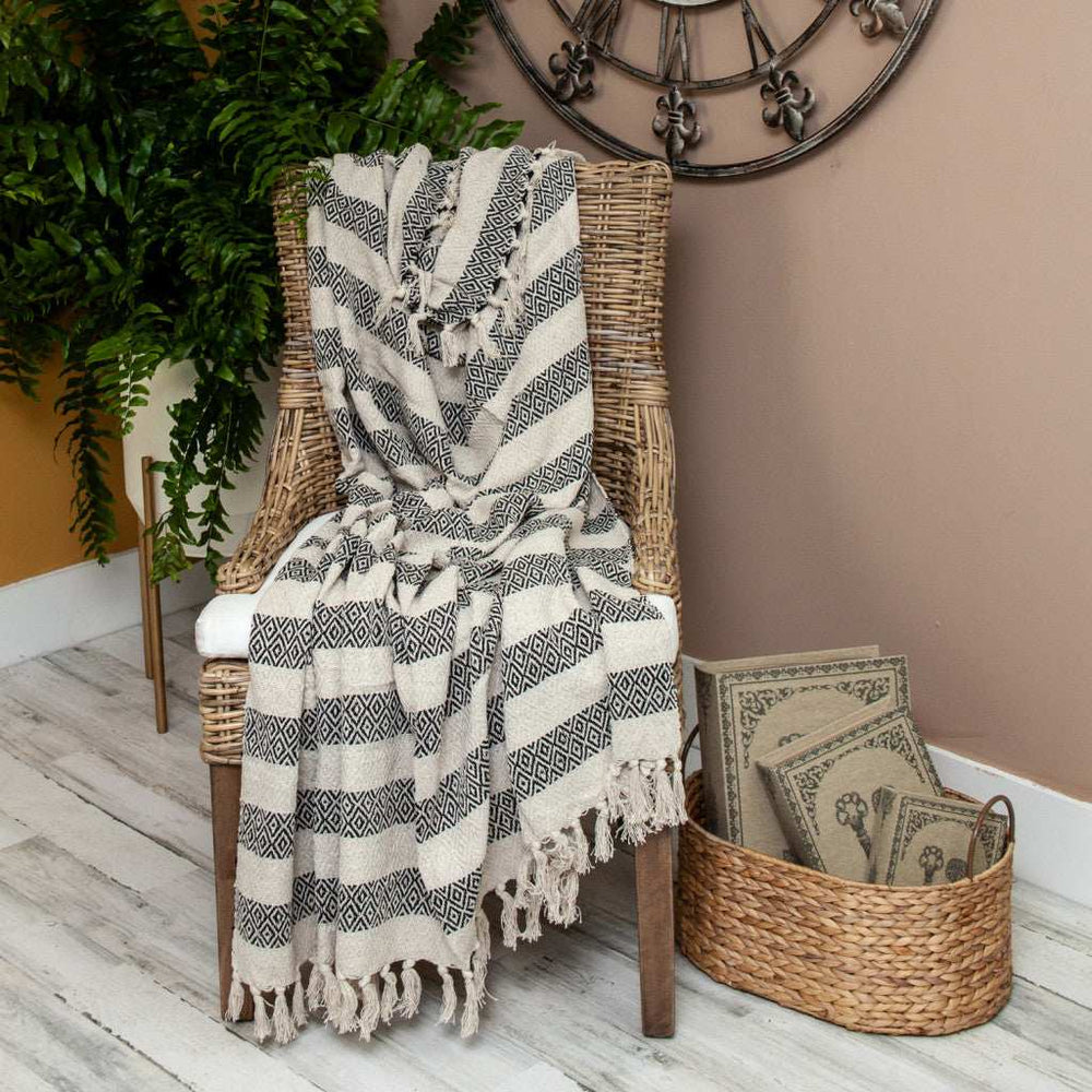 Black and Beige Diamond Weave Soft Cotton Handloom Throw - Homeroots - Flyclothing LLC