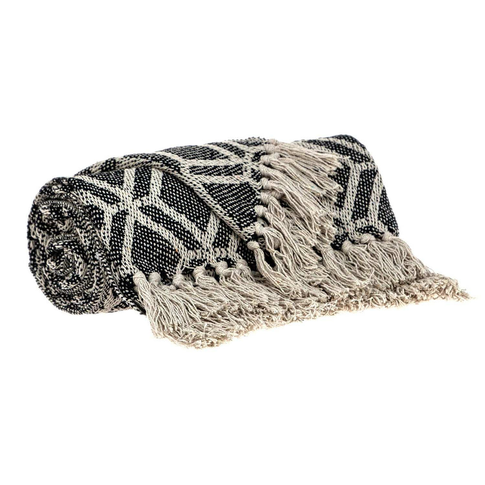 Grey and Beige Handloom Geometric Woven Throw Blanket - Homeroots - Flyclothing LLC