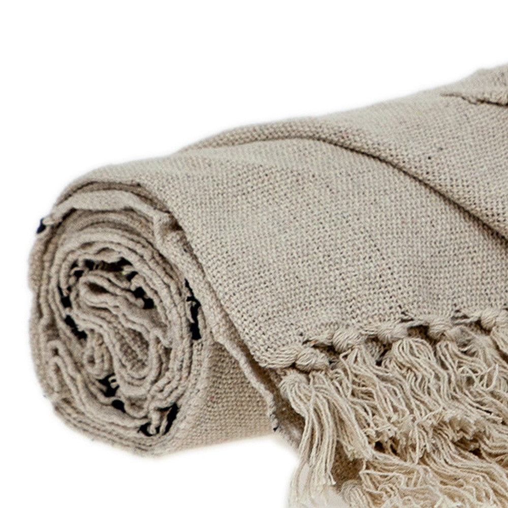 52" X 67" Beige and Black Woven Cotton Striped Throw Blanket with Tassels - Homeroots - Flyclothing LLC