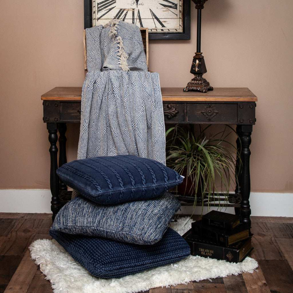 Blue and Beige Woven Handloom Throw with Tassels - Homeroots - Flyclothing LLC
