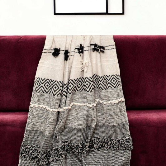 Boho Beige and Black Handloom Weave Throw with Decorative Tassels - Homeroots - Flyclothing LLC