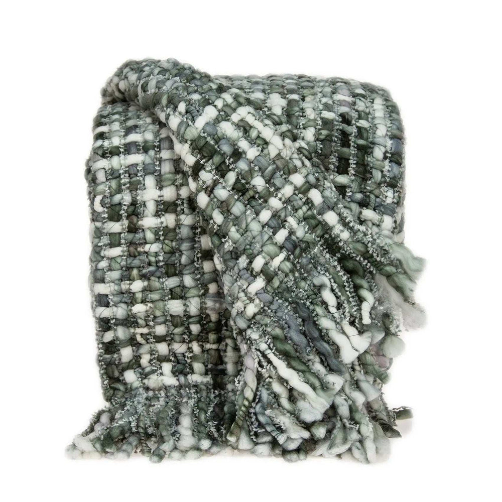 Green and White Knitted Cotton Blend Abstract Throw Blanket with Fringe - Homeroots - Flyclothing LLC