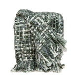 Green and White Knitted Cotton Blend Abstract Throw Blanket with Fringe - Homeroots - Flyclothing LLC