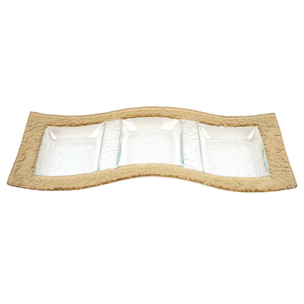 17" Clear And Gold Rectangular Glass Handmade Divided Serving Dish - Homeroots