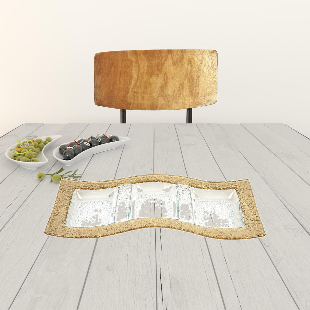 17" Clear And Gold Rectangular Glass Handmade Divided Serving Dish - Homeroots