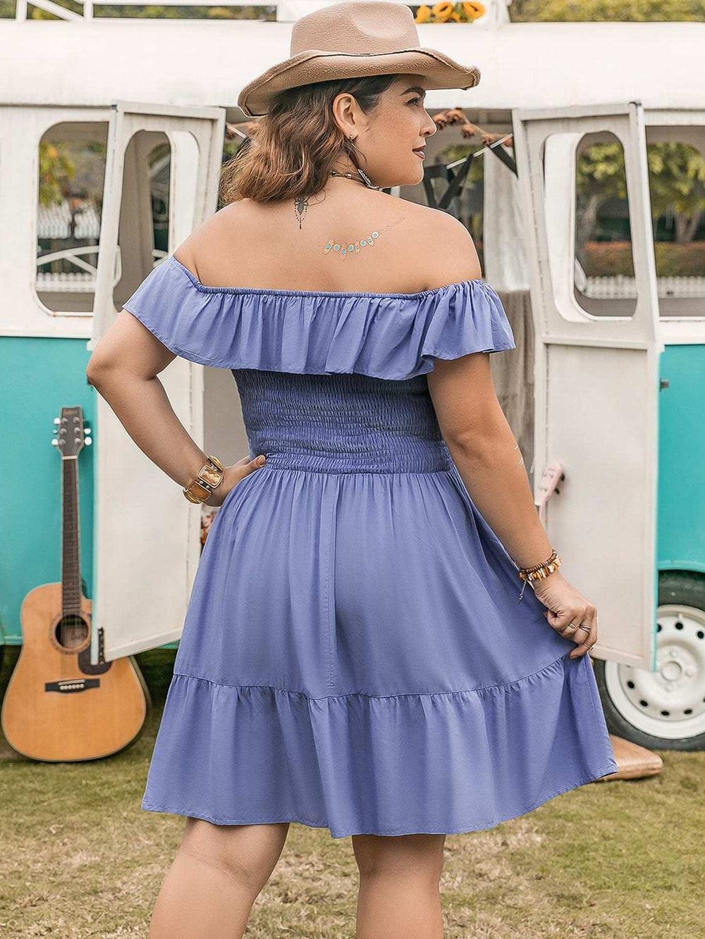 Plus Size Ruffled Smocked Off-Shoulder Mini Dress - Trendsi - Flyclothing LLC