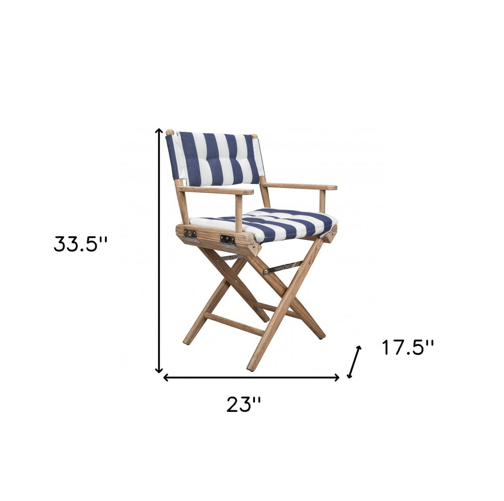 23" Blue and White and Natural Wood Solid Wood Indoor Outdoor Director Chair with Blue and White Cushion - Homeroots