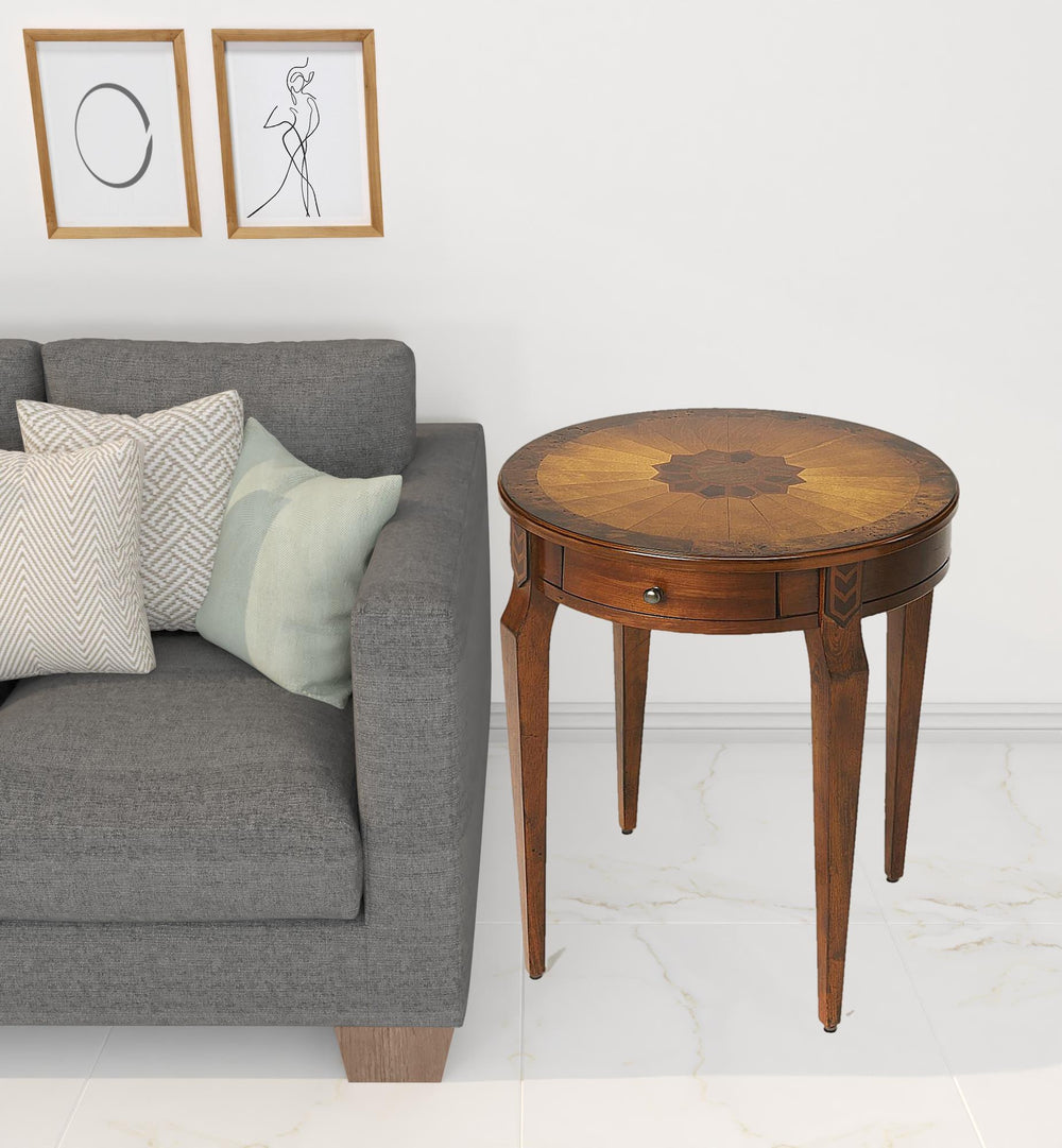 24" Medium Brown And Olive Ash Manufactured Wood Round End Table With Drawer - Homeroots - Flyclothing LLC