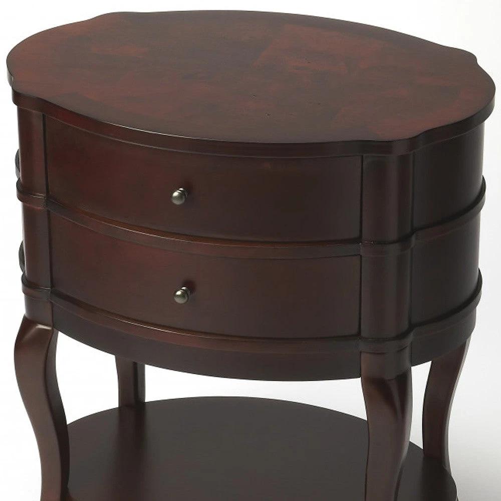 26" Dark Brown And Cherry Solid And Manufactured Wood Oval End Table With Two Drawers And Shelf - Homeroots - Flyclothing LLC