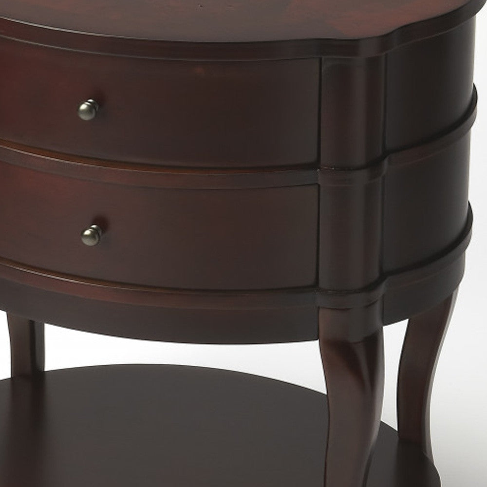 26" Dark Brown And Cherry Solid And Manufactured Wood Oval End Table With Two Drawers And Shelf - Homeroots - Flyclothing LLC