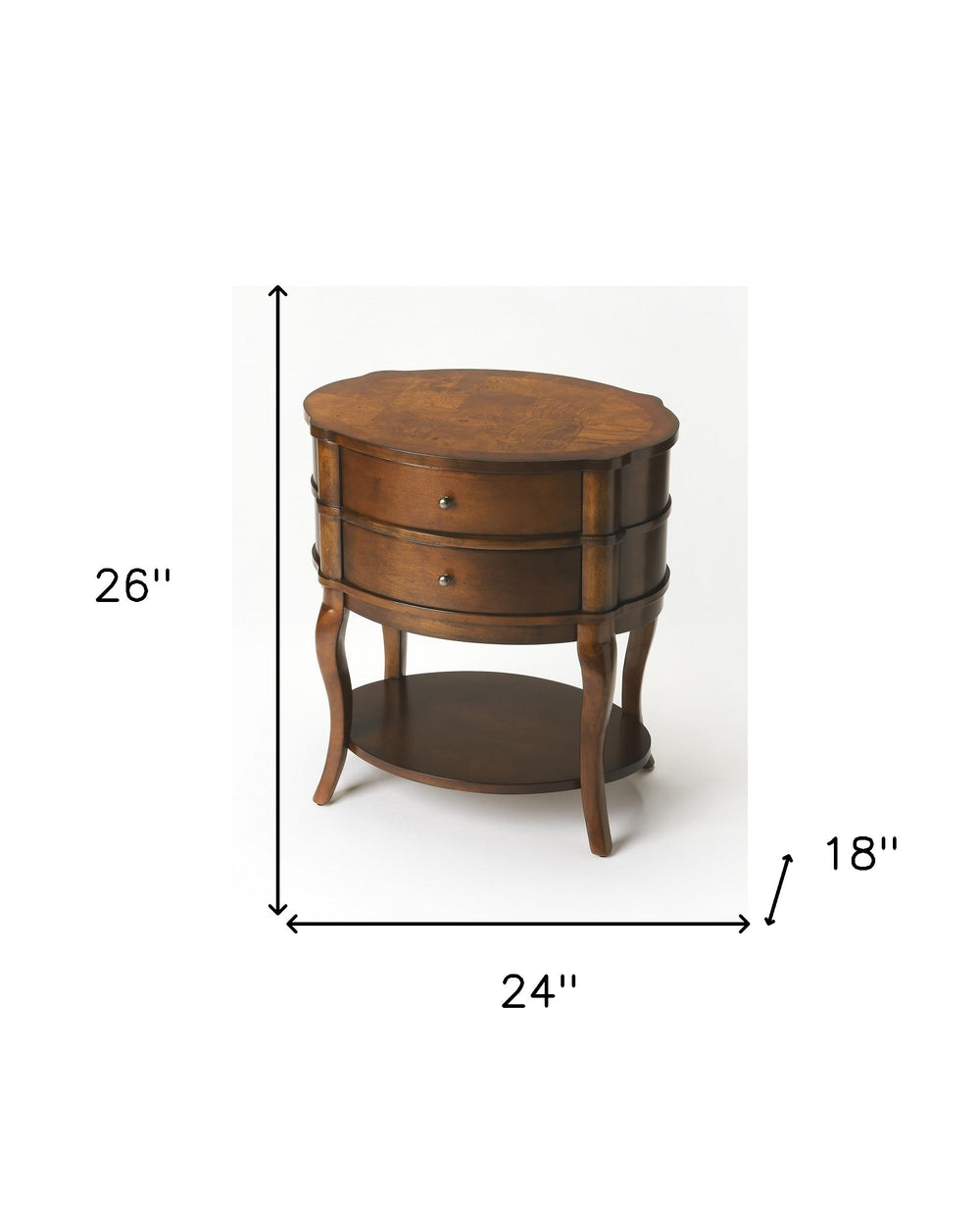 26" Medium Brown And Umber Solid And Manufactured Wood Oval End Table With Two Drawers And Shelf - Homeroots - Flyclothing LLC