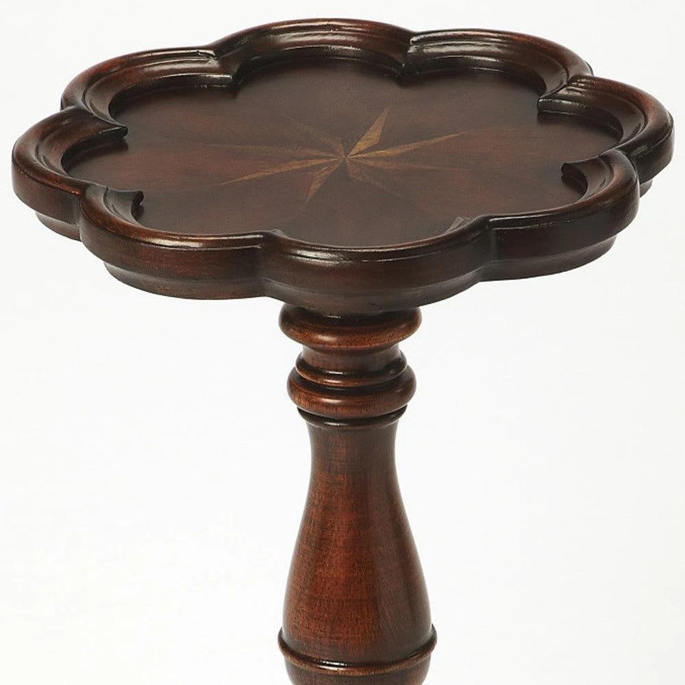 20" Dark Brown And Cherry Wood Floral Top End Table - Homeroots