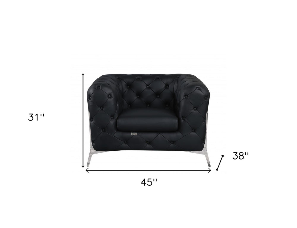 45" Black And Silver Italian Leather Tufted Chesterfield Chair - Homeroots