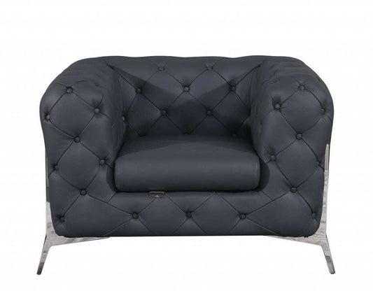 Glam Gray and Chrome Tufted Leather Armchair - Homeroots - Flyclothing LLC