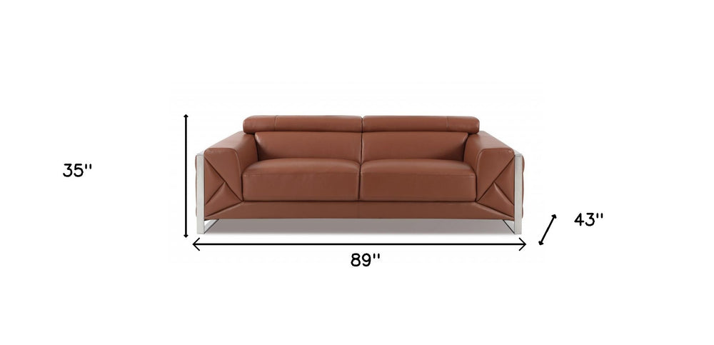89" Camel Italian Leather Sofa With Silver Legs - Homeroots - Flyclothing LLC