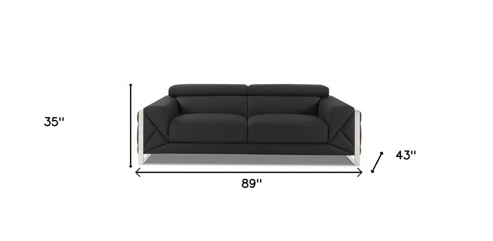 89" Dark Gray Italian Leather Sofa With Silver Legs - Homeroots - Flyclothing LLC