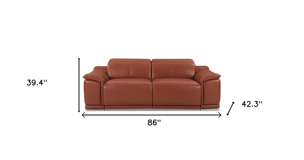 86" Camel Italian Leather USB Reclining Sofa With Silver Legs - Homeroots - Flyclothing LLC