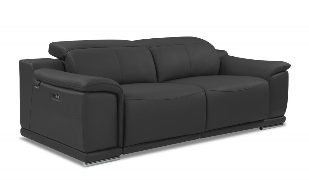 86" Dark Gray Italian Leather USB Reclining Sofa With Silver Legs - Homeroots - Flyclothing LLC