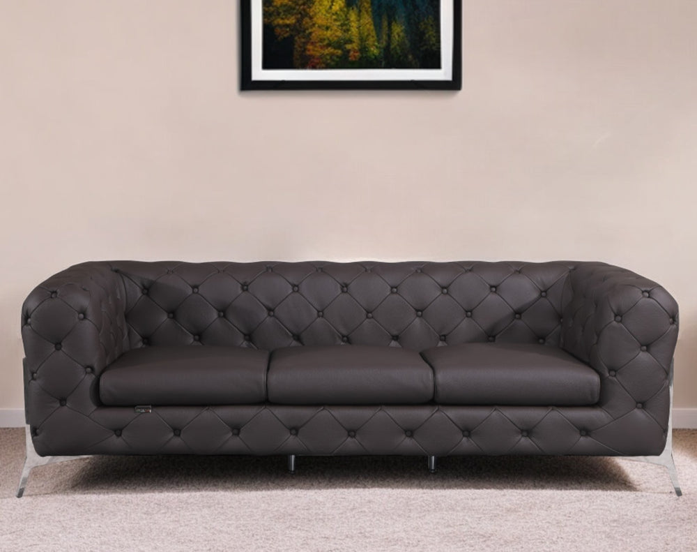 93" Brown Italian Leather Chesterfield Sofa With Silver Legs - Homeroots - Flyclothing LLC