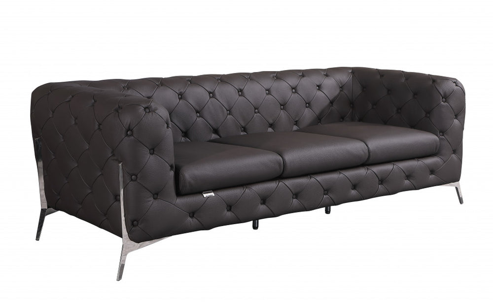 93" Brown Italian Leather Chesterfield Sofa With Silver Legs - Homeroots - Flyclothing LLC