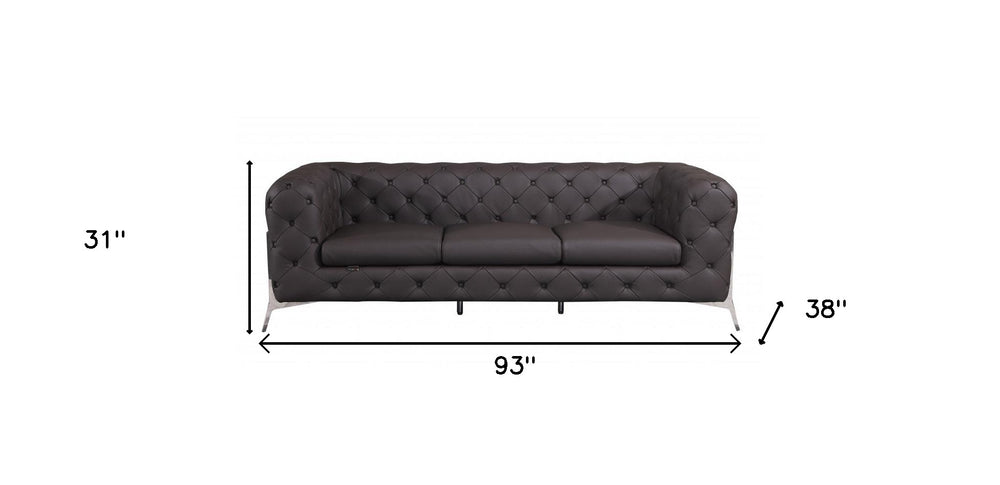 93" Brown Italian Leather Chesterfield Sofa With Silver Legs - Homeroots - Flyclothing LLC