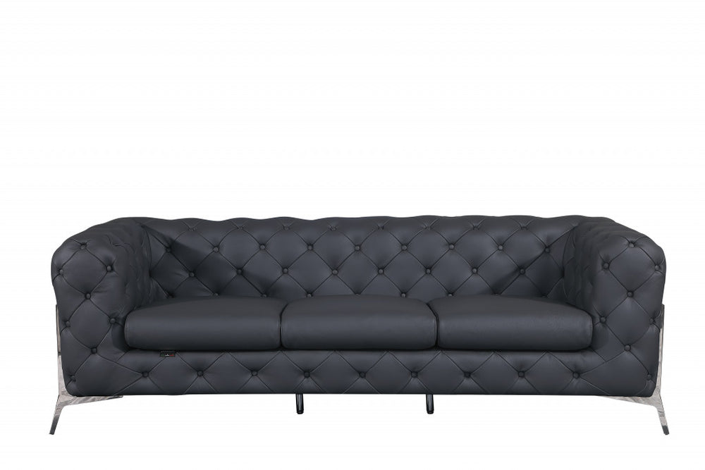 93" Dark Gray Italian Leather Chesterfield Sofa With Silver Legs - Homeroots - Flyclothing LLC