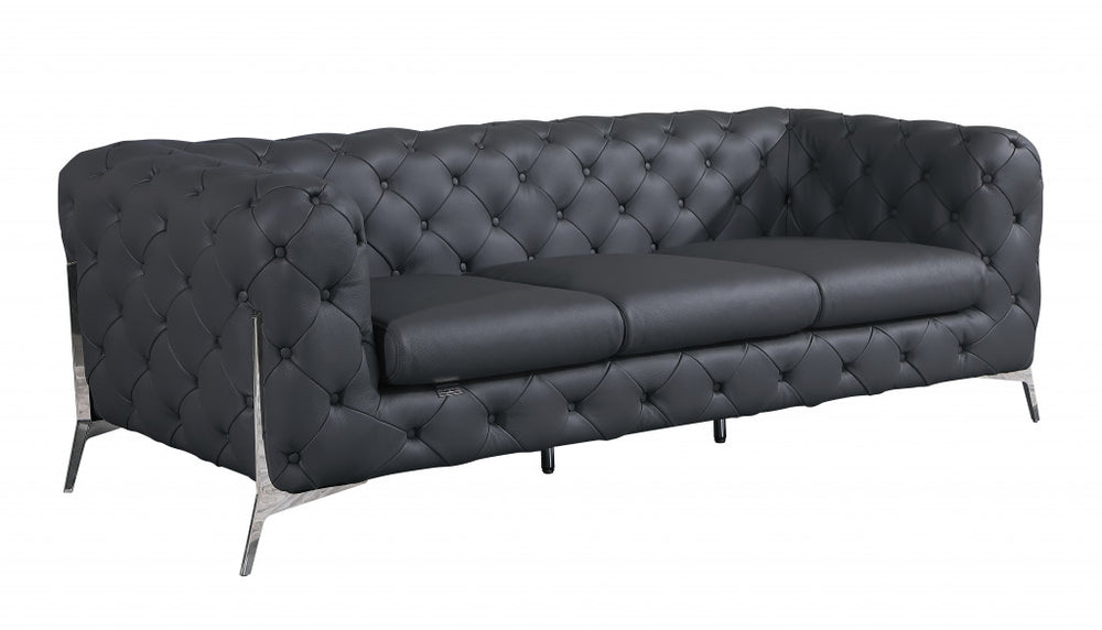 93" Dark Gray Italian Leather Chesterfield Sofa With Silver Legs - Homeroots - Flyclothing LLC