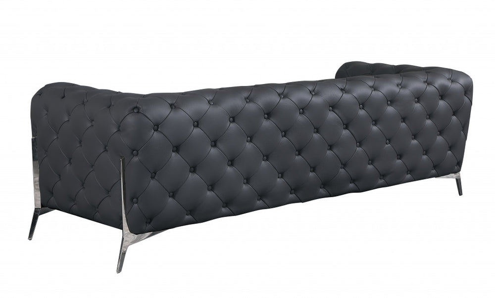 93" Dark Gray Italian Leather Chesterfield Sofa With Silver Legs - Homeroots - Flyclothing LLC