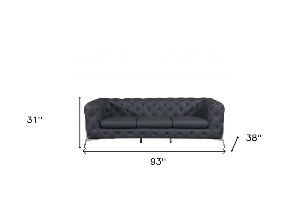 93" Dark Gray Italian Leather Chesterfield Sofa With Silver Legs - Homeroots - Flyclothing LLC