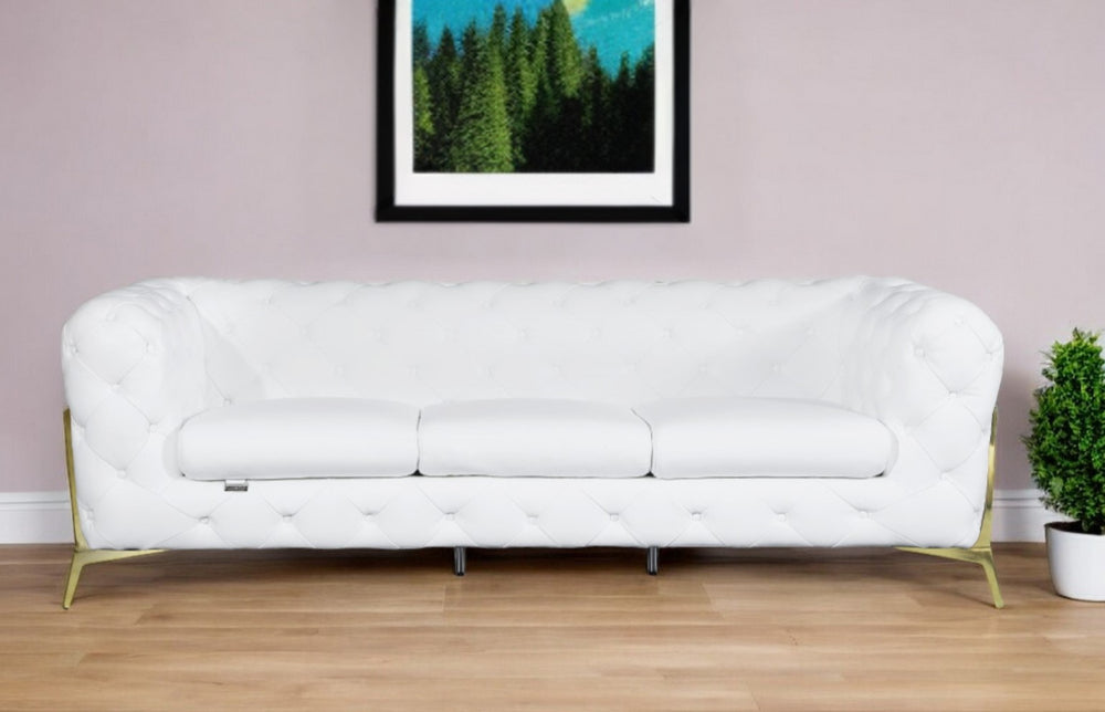 93" White Italian Leather Chesterfield Sofa With Silver Legs - Homeroots - Flyclothing LLC