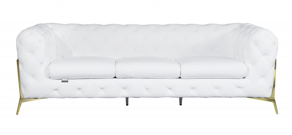 93" White Italian Leather Chesterfield Sofa With Silver Legs - Homeroots - Flyclothing LLC