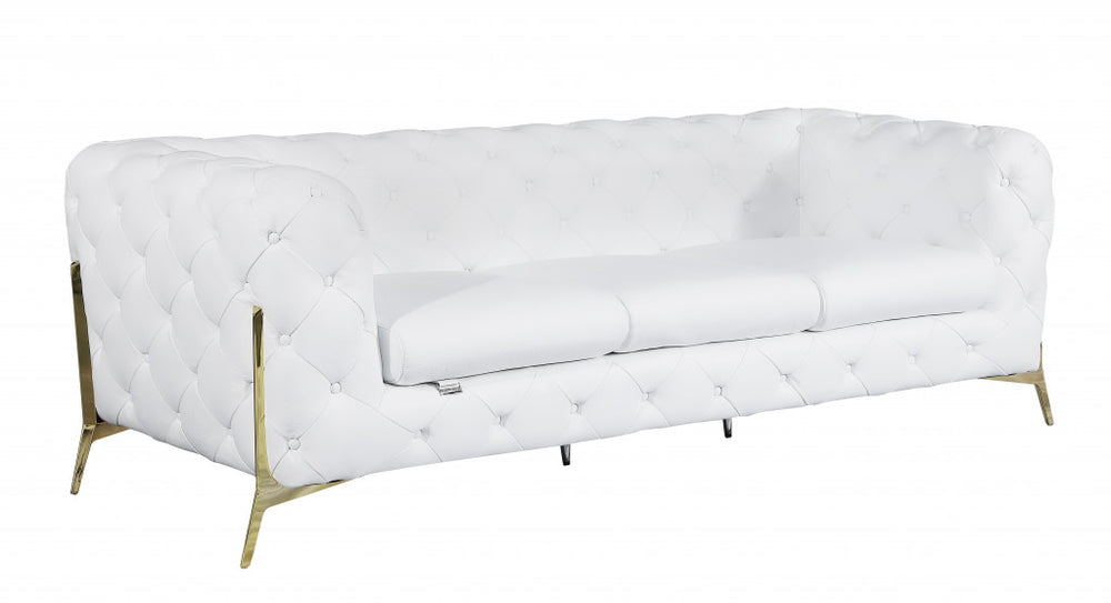 93" White Italian Leather Chesterfield Sofa With Silver Legs - Homeroots - Flyclothing LLC