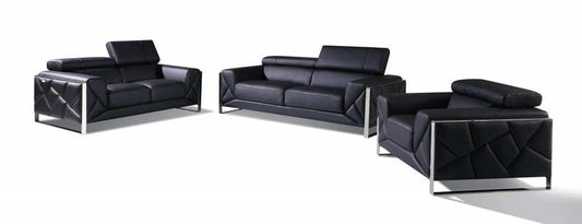 Three Piece Indoor Black Italian Leather Six Person Seating Set - Homeroots - Flyclothing LLC