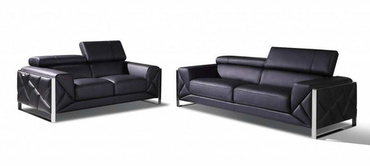 Two Piece Indoor Black Italian Leather Five Person Seating Set - Homeroots - Flyclothing LLC