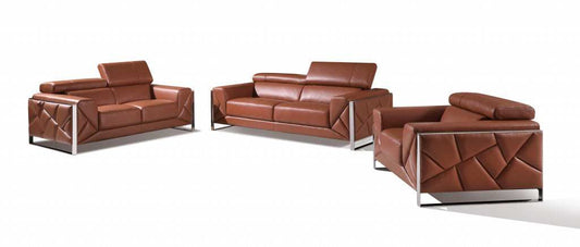 Three Piece Indoor Camel Italian Leather Six Person Seating Set - Homeroots - Flyclothing LLC